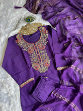Load image into Gallery viewer, Incredible Function Wear Purple Color Roman Silk Embroidery n Sequence Work Designer Straight Kurta With Trouser n Dupatta Set
