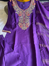 Load image into Gallery viewer, Incredible Function Wear Purple Color Roman Silk Embroidery n Sequence Work Designer Straight Kurta With Trouser n Dupatta Set
