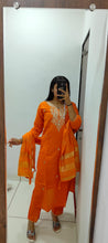Load image into Gallery viewer, Exquisite Festive Wear Orange Color Roman Silk Embroidery n Sequence Work Designer Straight Kurta With Trouser n Dupatta Set