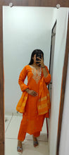 Load image into Gallery viewer, Exquisite Festive Wear Orange Color Roman Silk Embroidery n Sequence Work Designer Straight Kurta With Trouser n Dupatta Set