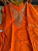 Load image into Gallery viewer, Exquisite Festive Wear Orange Color Roman Silk Embroidery n Sequence Work Designer Straight Kurta With Trouser n Dupatta Set