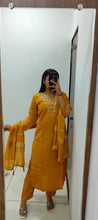 Load image into Gallery viewer, Luxuriant Wedding Wear Mustard Color Roman Silk Embroidery n Sequence Work Designer Straight Kurta With Trouser n Dupatta Set