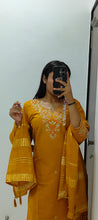 Load image into Gallery viewer, Luxuriant Wedding Wear Mustard Color Roman Silk Embroidery n Sequence Work Designer Straight Kurta With Trouser n Dupatta Set