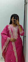 Load image into Gallery viewer, Evocative Wedding Wear Peach Color Roman Silk Embroidery n Sequence Work Designer Straight Kurta With Trouser n Dupatta Set