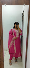 Load image into Gallery viewer, Evocative Wedding Wear Peach Color Roman Silk Embroidery n Sequence Work Designer Straight Kurta With Trouser n Dupatta Set