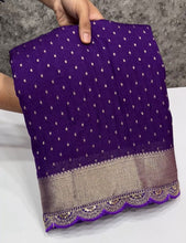 Load image into Gallery viewer, New Wedding wear Purple Color Georgette Gold Zari Weaving With Rich Weaving Pallu n Lace Work Fancy Designer Saree