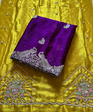 Load image into Gallery viewer, Alverina Party Wear Crunchy Chiffon Silk Embroidery n Scalloped Cut Work Fancy Designer Saree With Contrast Blouse Piece