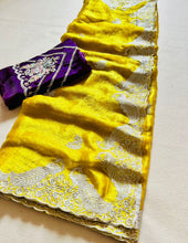 Load image into Gallery viewer, Alverina Party Wear Crunchy Chiffon Silk Embroidery n Scalloped Cut Work Fancy Designer Saree With Contrast Blouse Piece