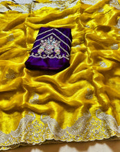 Load image into Gallery viewer, Alverina Party Wear Crunchy Chiffon Silk Embroidery n Scalloped Cut Work Fancy Designer Saree With Contrast Blouse Piece