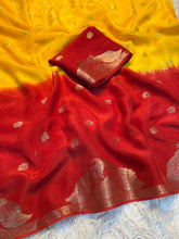 Load image into Gallery viewer, New Festive Wear Pure Soft Viscose Georgette Crepe Silk Jacquard Weaving Zari Work Fancy Designer Saree With Blouse