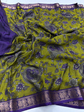 Load image into Gallery viewer, Contemporary Function Wear Soft Dola Silk Kalamkari Print With Mangalkari Zari Border Fancy Designer Saree