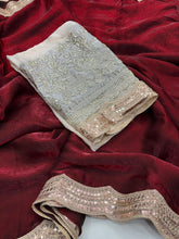 Load image into Gallery viewer, Imaginative Party Wear Pure Soft Silk Embroidery n Lace Work Designer Saree With Contrast Blouse Piece