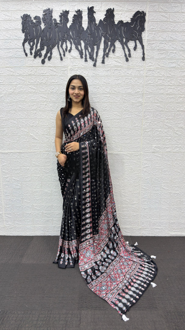 Opulent Wedding Wear Satin Silk Heavy Mirror n Latkan Pallu Border Fancy Saree With Blouse Piece