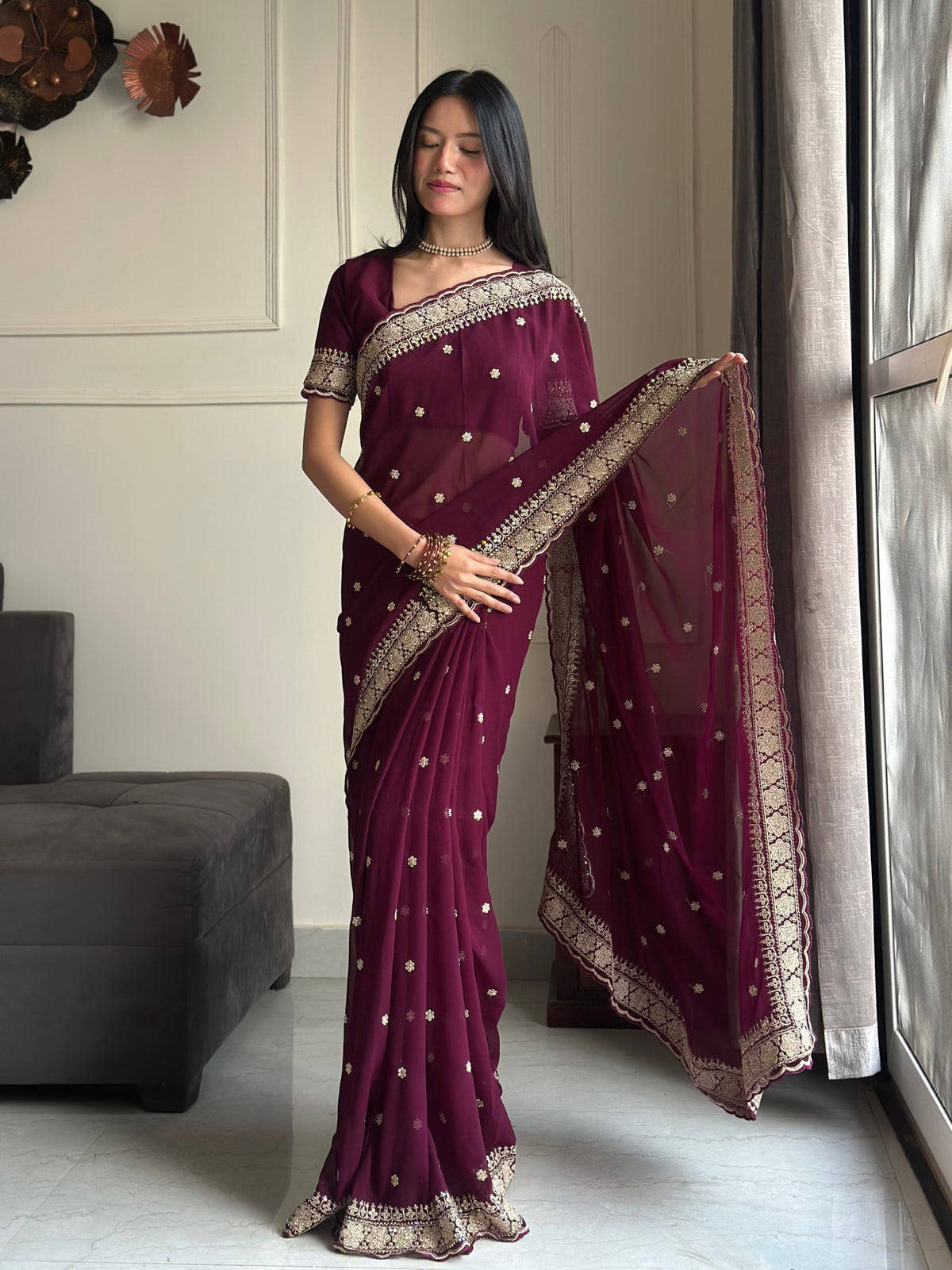 Exquisite Party Wear Soft Faux Georgette Embroidery n Sequence Zari Work Fancy Designer Saree With Unstithced Blouse Piece