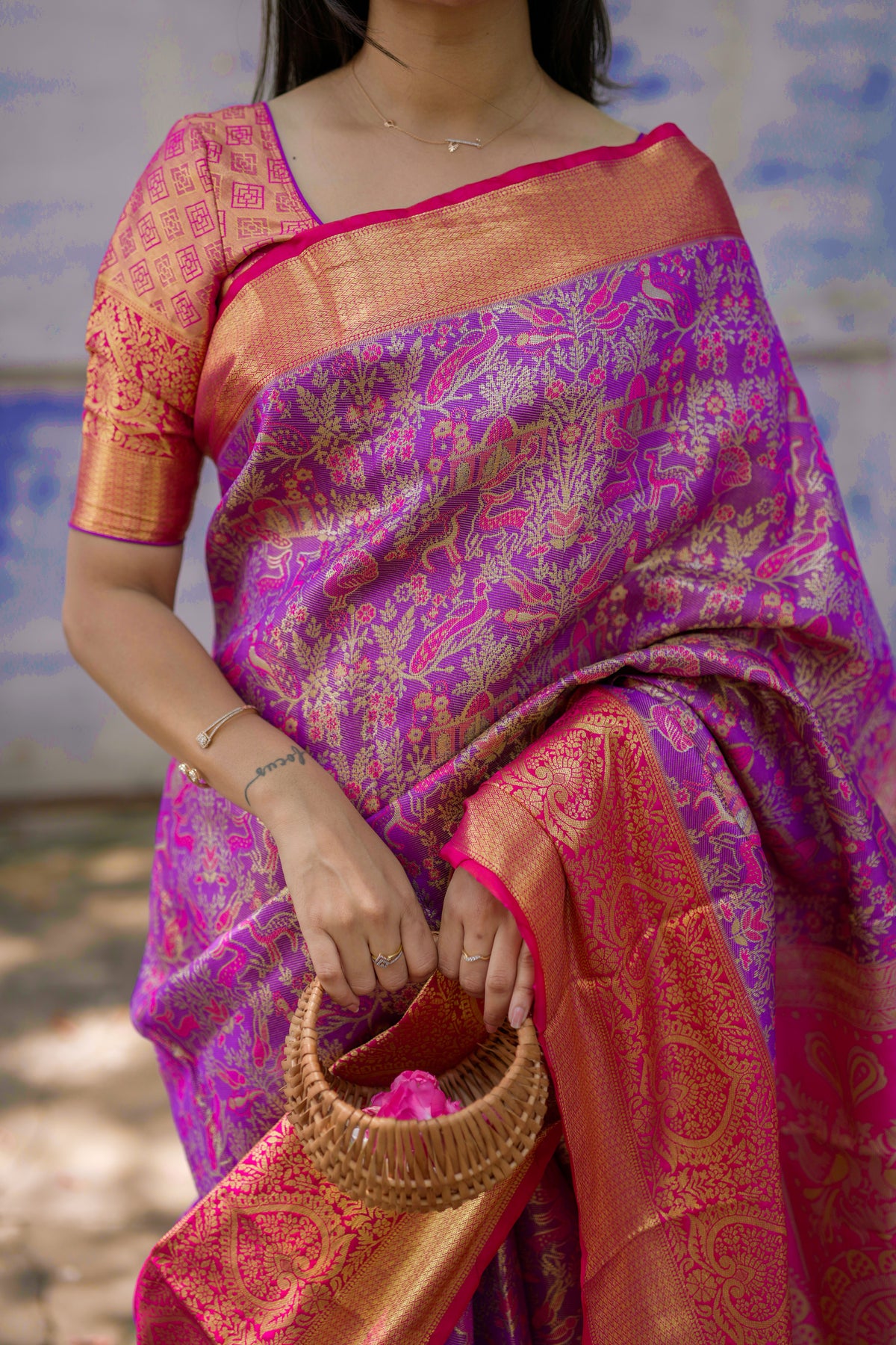 Forbearance Festive Wear Purple Color Jacquard Zari Weaving Work Kanchipuram Silk Saree With Dalliance Blouse Piece