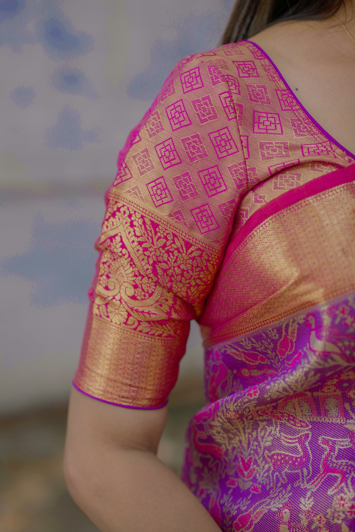 Forbearance Festive Wear Purple Color Jacquard Zari Weaving Work Kanchipuram Silk Saree With Dalliance Blouse Piece