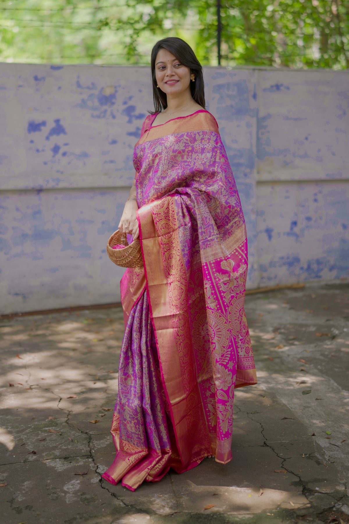 Forbearance Festive Wear Purple Color Jacquard Zari Weaving Work Kanchipuram Silk Saree With Dalliance Blouse Piece