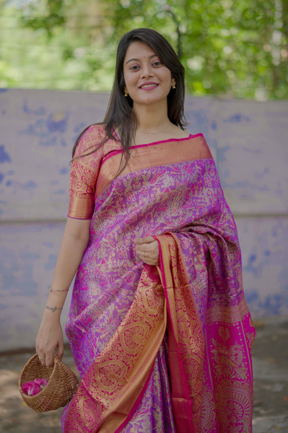 Forbearance Festive Wear Purple Color Jacquard Zari Weaving Work Kanchipuram Silk Saree With Dalliance Blouse Piece