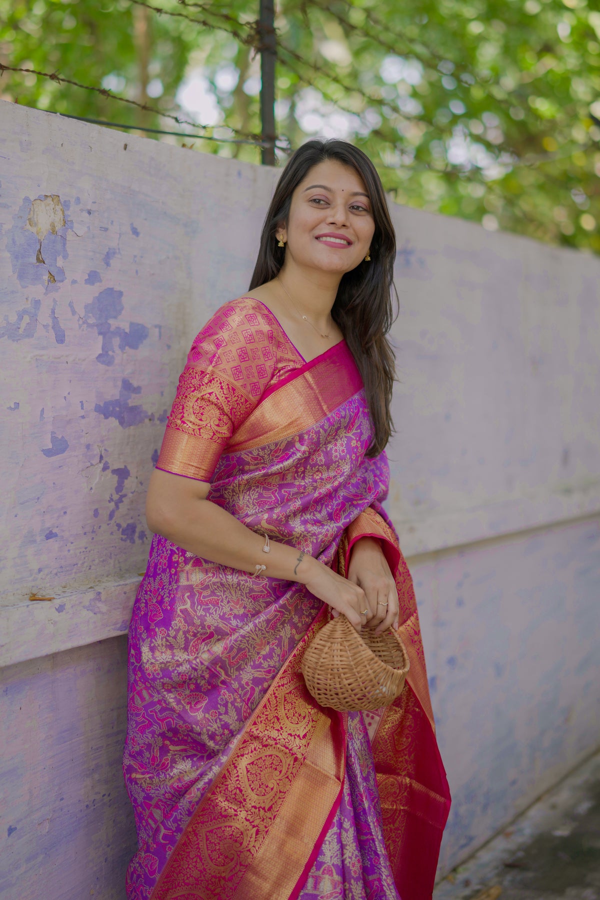 Forbearance Festive Wear Purple Color Jacquard Zari Weaving Work Kanchipuram Silk Saree With Dalliance Blouse Piece