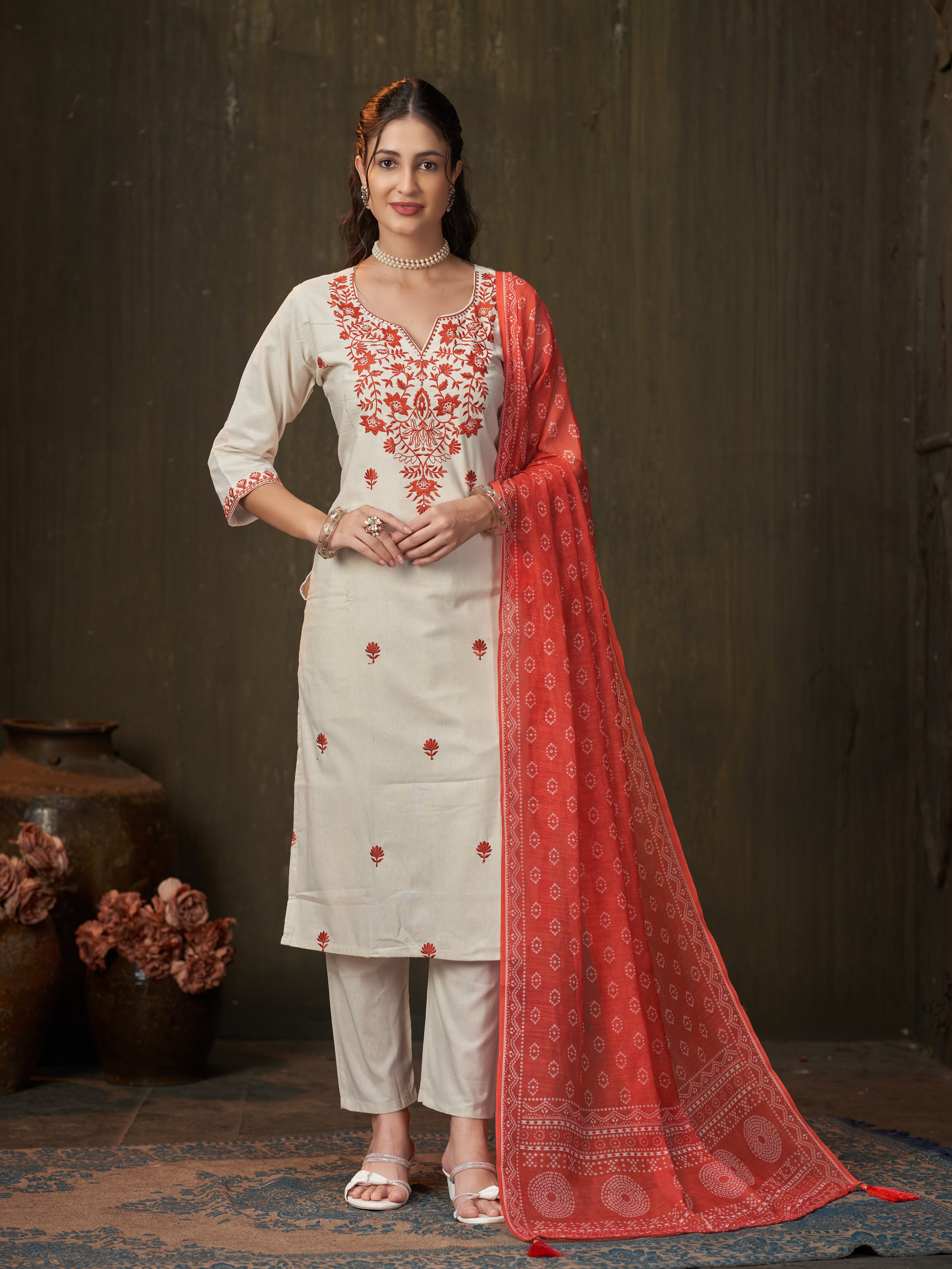 Latest Function Wear Cotton Embroidery Work Designer Straight Kurta With Trouser n Dupatta Set