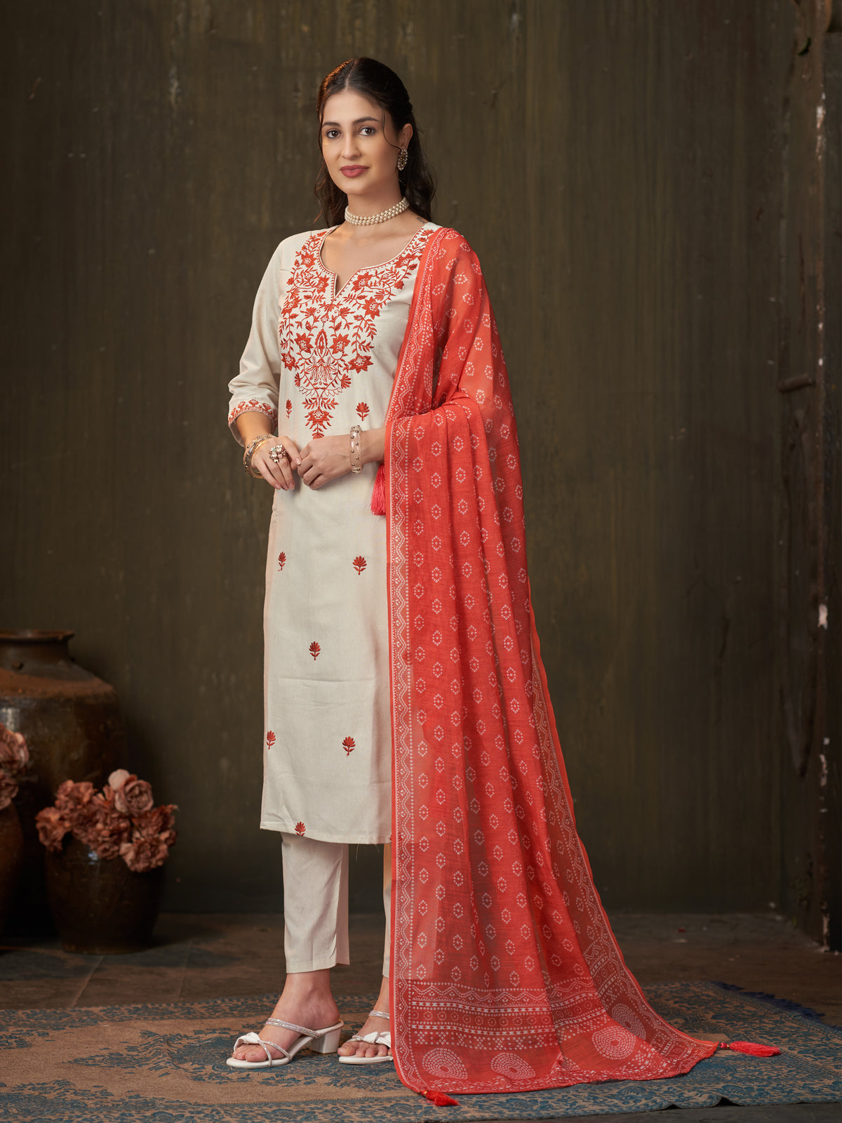 Latest Function Wear Cotton Embroidery Work Designer Straight Kurta With Trouser n Dupatta Set