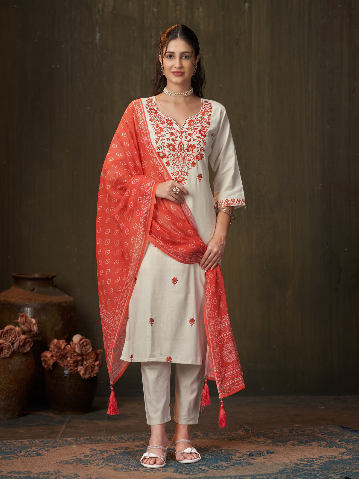 Latest Function Wear Cotton Embroidery Work Designer Straight Kurta With Trouser n Dupatta Set