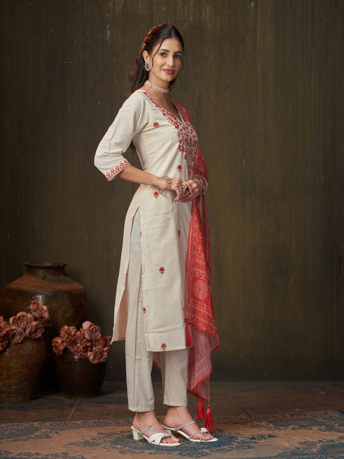 Latest Function Wear Cotton Embroidery Work Designer Straight Kurta With Trouser n Dupatta Set