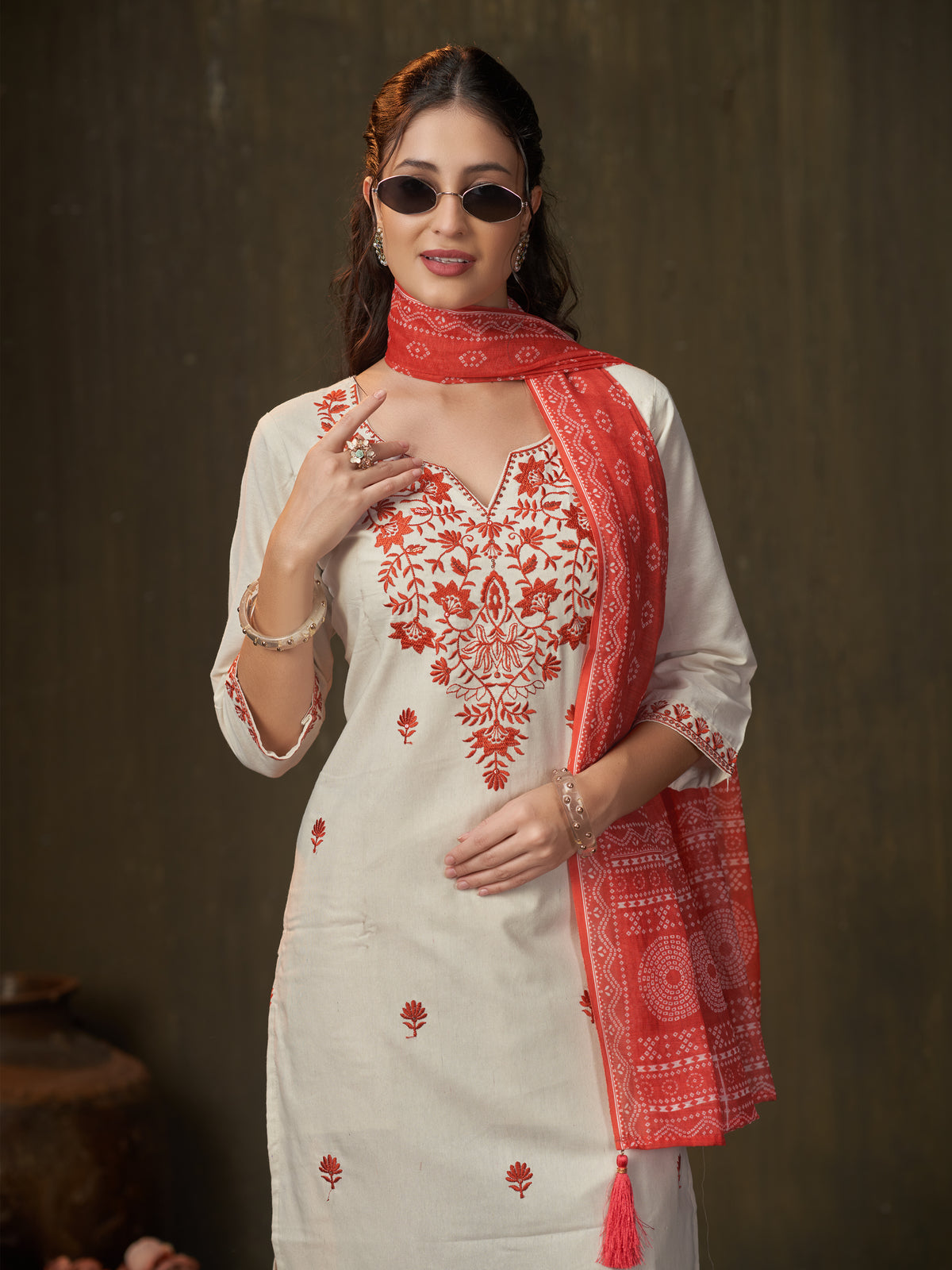 Latest Function Wear Cotton Embroidery Work Designer Straight Kurta With Trouser n Dupatta Set