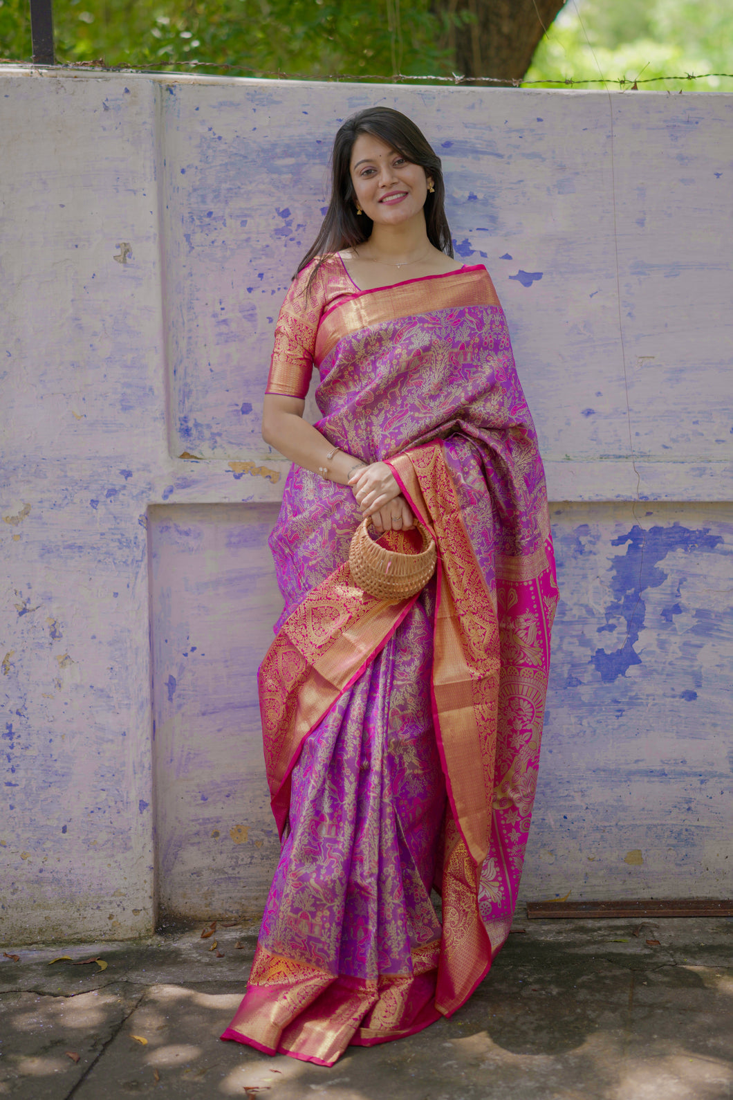 Forbearance Festive Wear Purple Color Jacquard Zari Weaving Work Kanchipuram Silk Saree With Dalliance Blouse Piece
