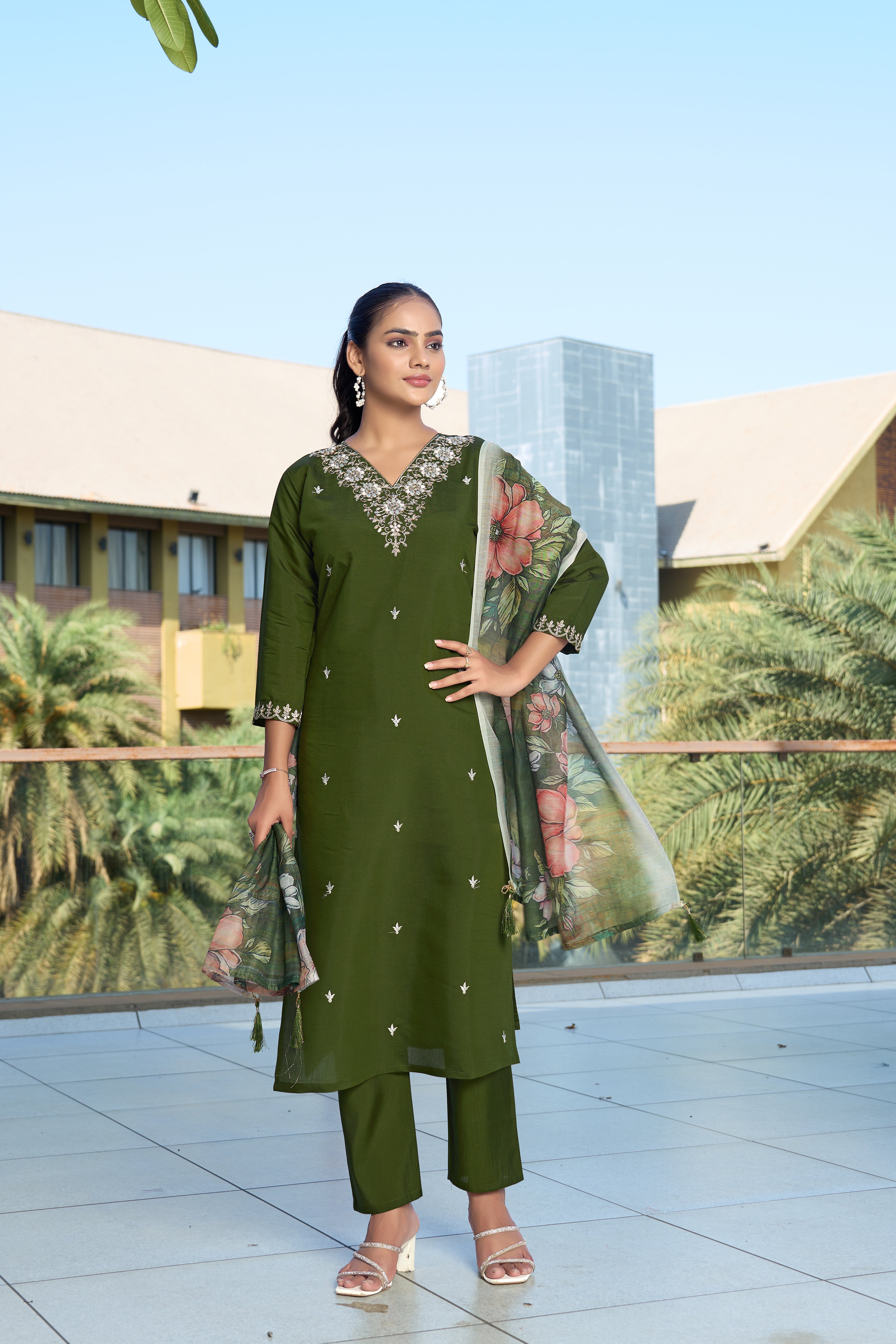 New Wedding Wear Roman Silk Embroidery n Sequence Work Designer Straight Kurta With Trouser Dupatta Set