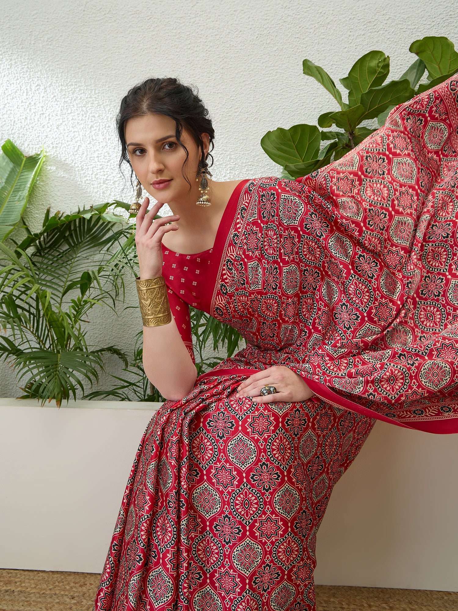 Fantabulous Festive Wear Satin Silk Ajrak Printed Rich Pallu Fancy Saree With Unstitched Blouse Piece