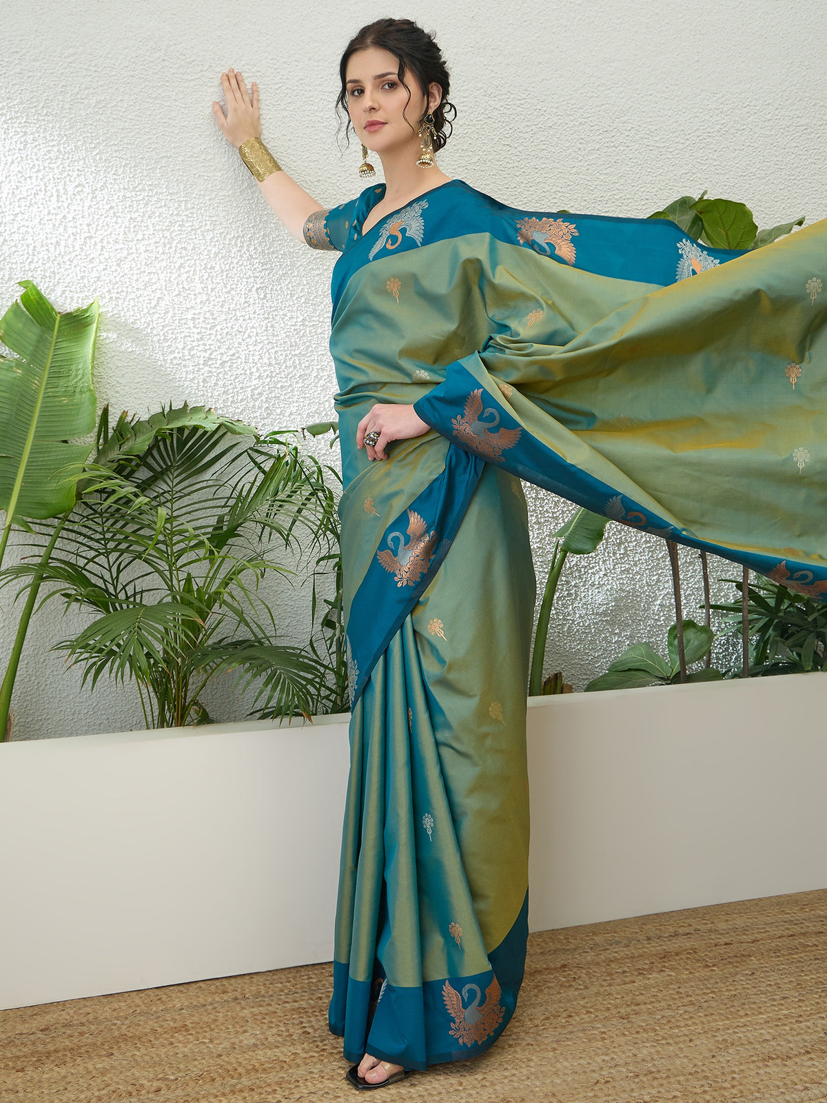 Mellifluous Party Wear Cotton Silk Jacquard Border Rich Pallu Fancy Saree With Unstitched Blouse