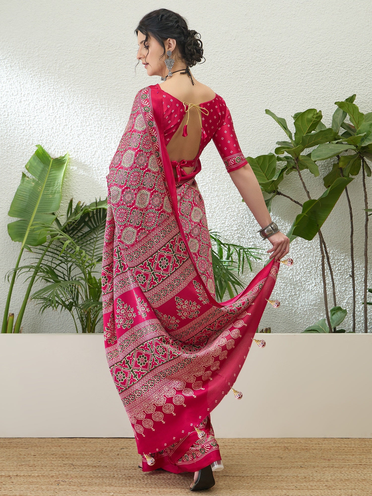 Fantabulous Festive Wear Satin Silk Ajrak Printed Rich Pallu Fancy Saree With Unstitched Blouse Piece