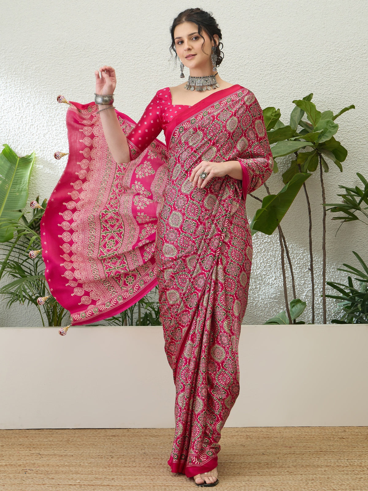 Fantabulous Festive Wear Satin Silk Ajrak Printed Rich Pallu Fancy Saree With Unstitched Blouse Piece
