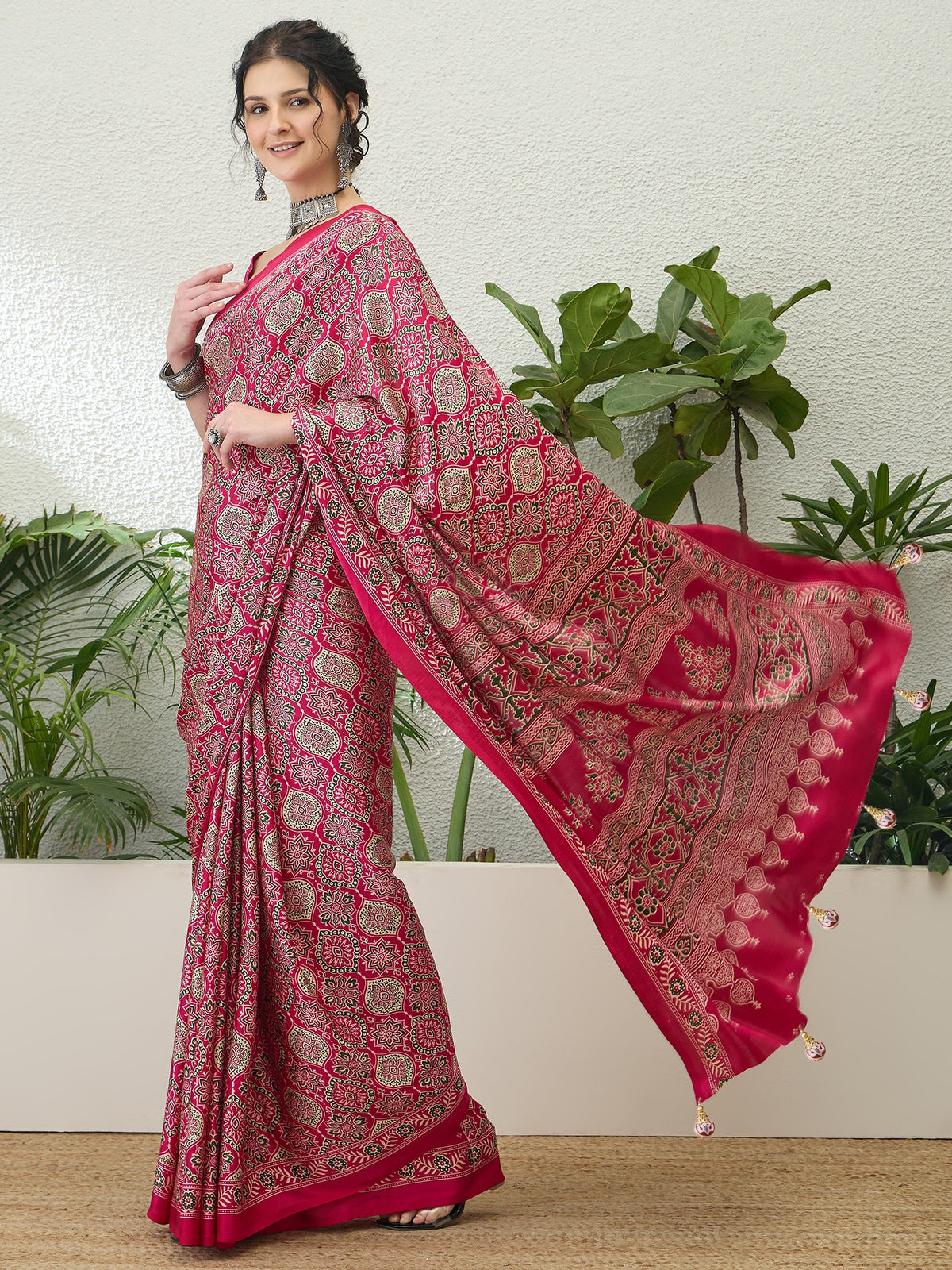 Fantabulous Festive Wear Satin Silk Ajrak Printed Rich Pallu Fancy Saree With Unstitched Blouse Piece
