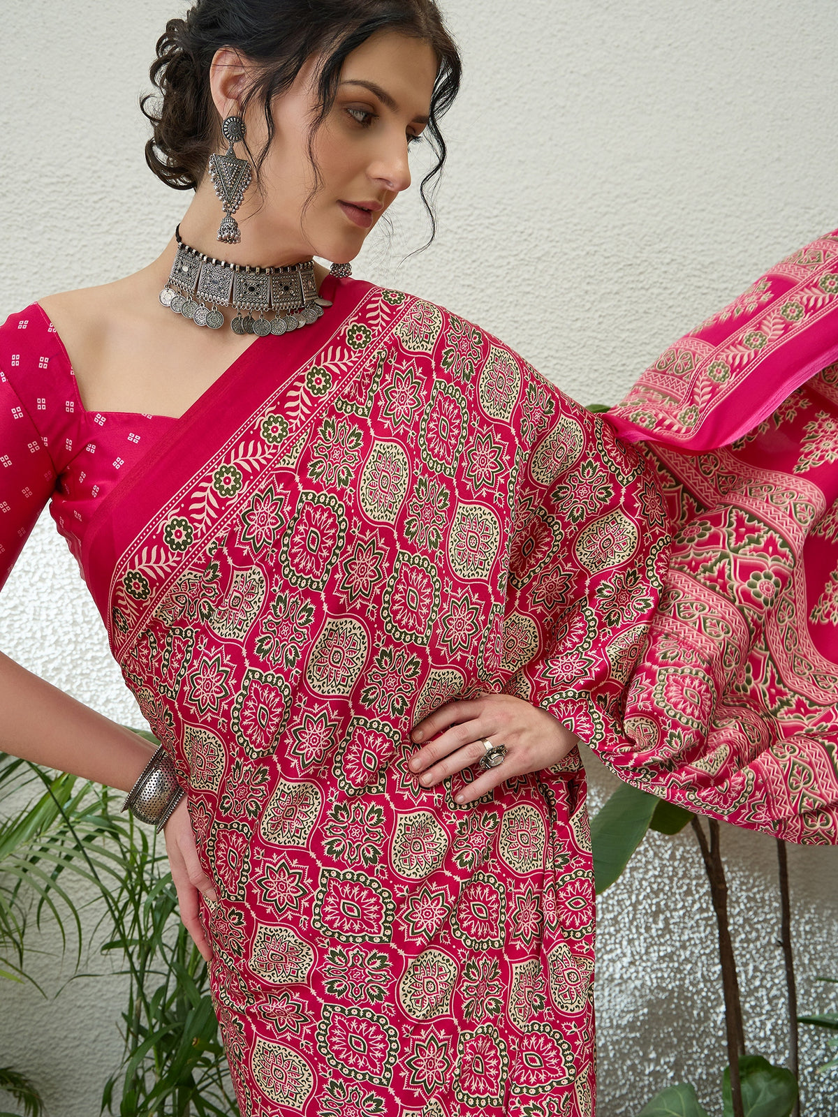 Fantabulous Festive Wear Satin Silk Ajrak Printed Rich Pallu Fancy Saree With Unstitched Blouse Piece