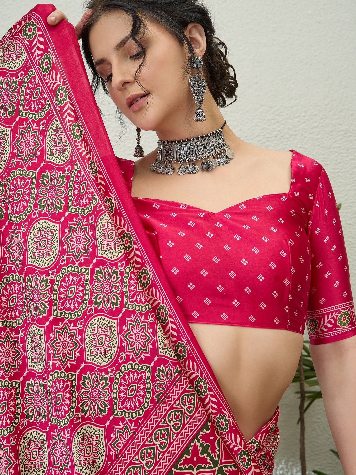 Fantabulous Festive Wear Satin Silk Ajrak Printed Rich Pallu Fancy Saree With Unstitched Blouse Piece