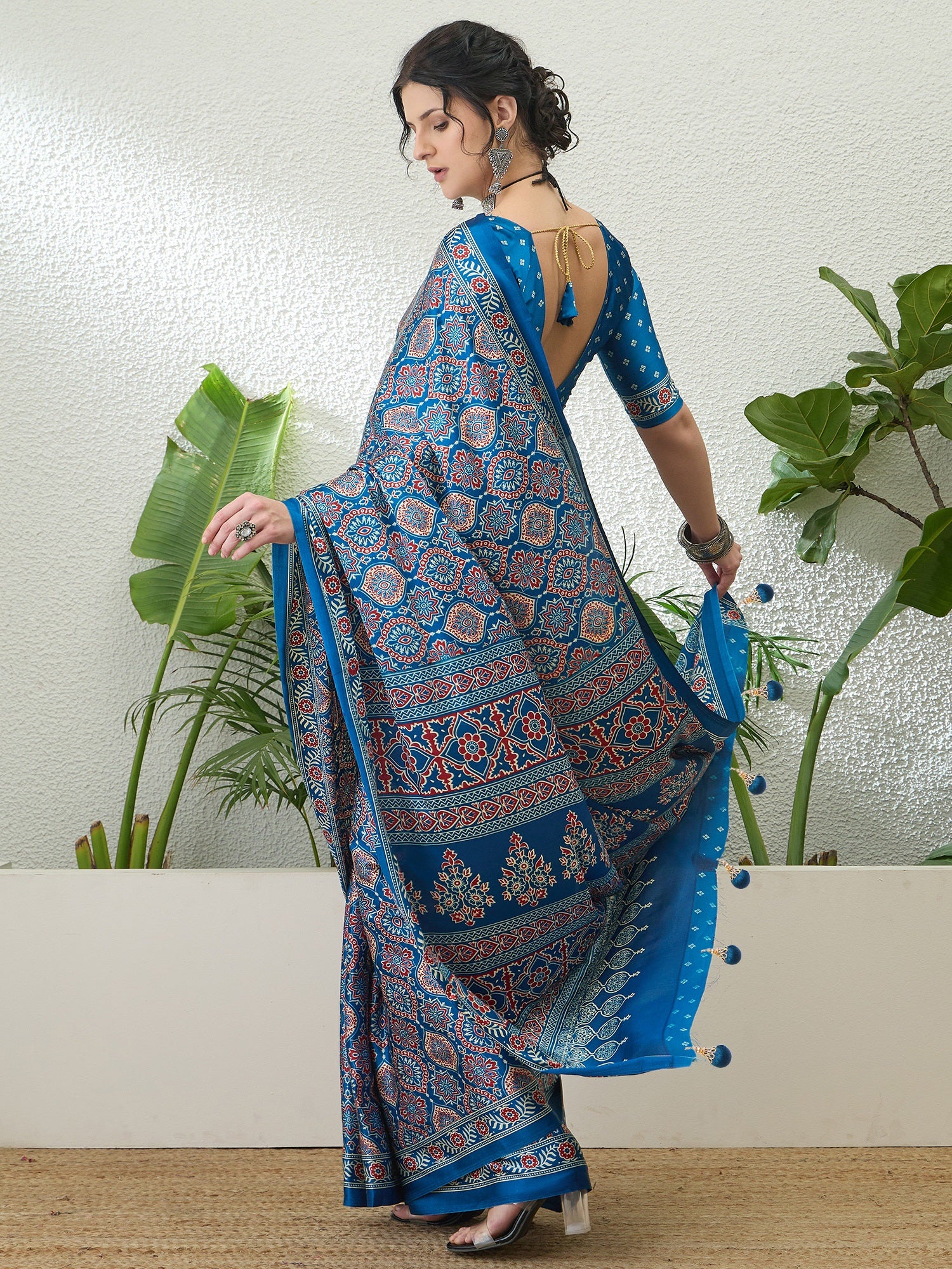 Fantabulous Festive Wear Satin Silk Ajrak Printed Rich Pallu Fancy Saree With Unstitched Blouse Piece