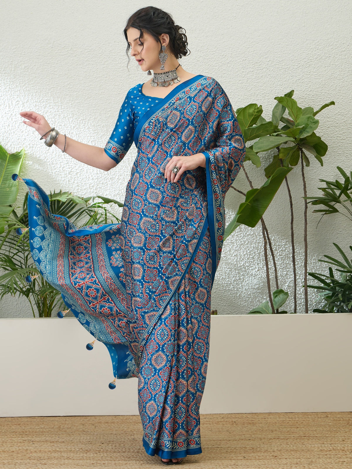 Fantabulous Festive Wear Satin Silk Ajrak Printed Rich Pallu Fancy Saree With Unstitched Blouse Piece