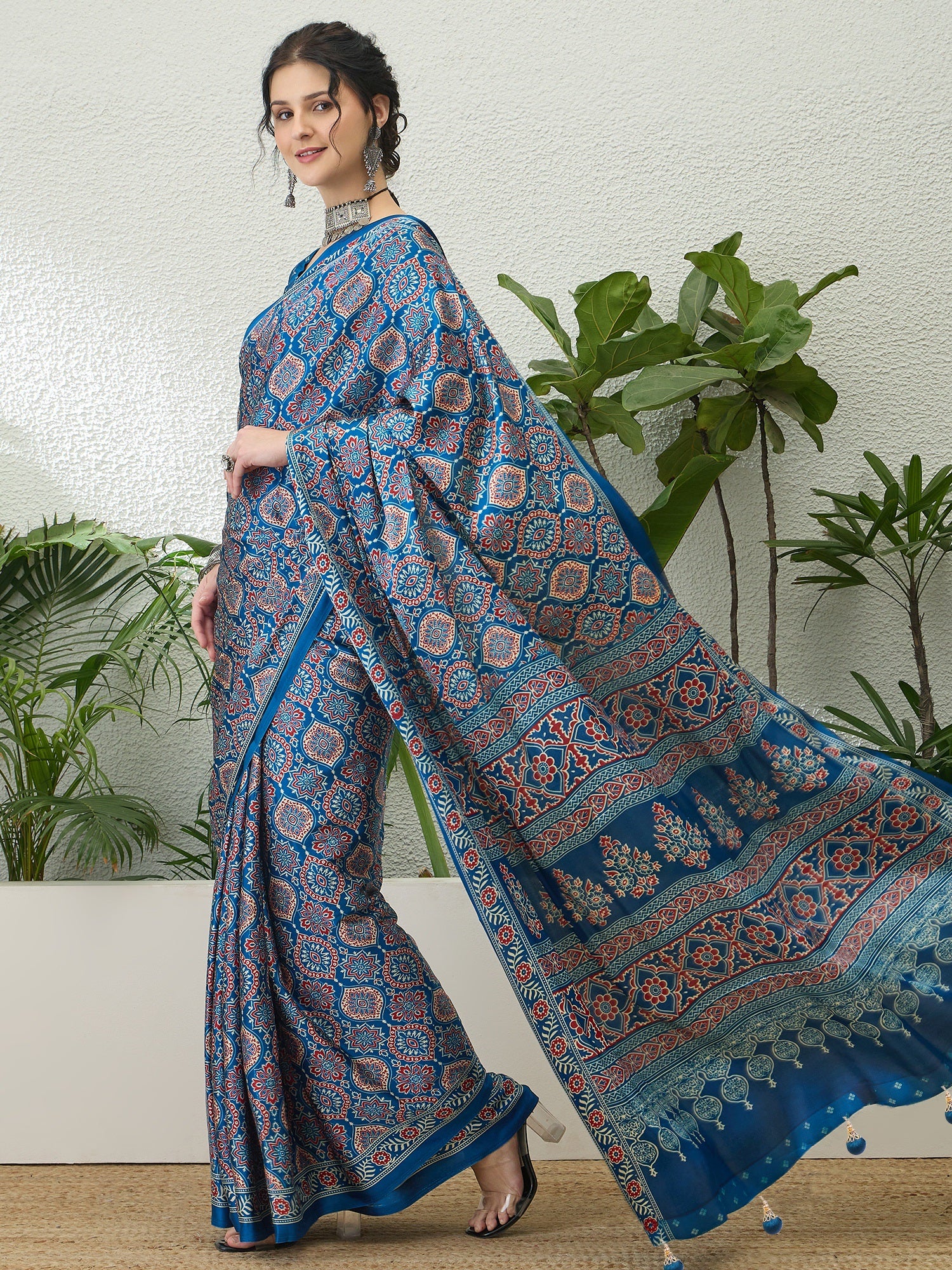Fantabulous Festive Wear Satin Silk Ajrak Printed Rich Pallu Fancy Saree With Unstitched Blouse Piece