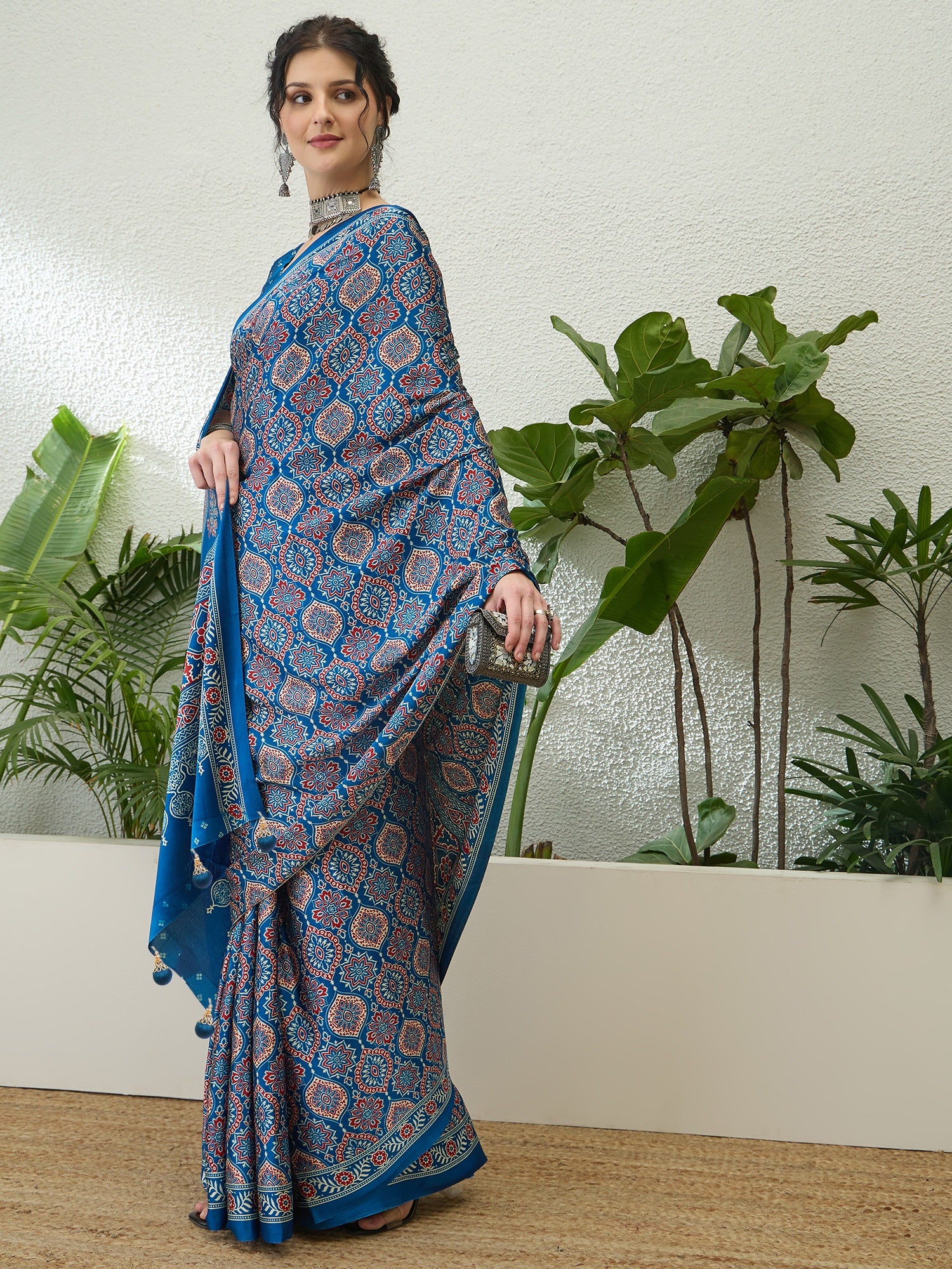 Fantabulous Festive Wear Satin Silk Ajrak Printed Rich Pallu Fancy Saree With Unstitched Blouse Piece
