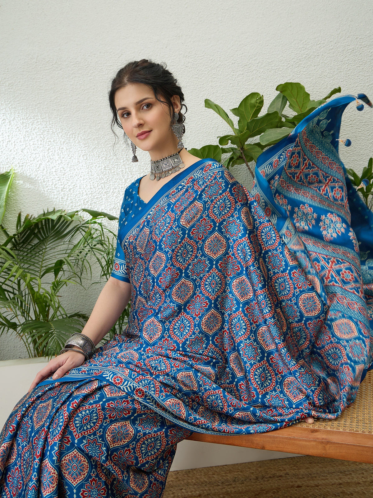 Fantabulous Festive Wear Satin Silk Ajrak Printed Rich Pallu Fancy Saree With Unstitched Blouse Piece