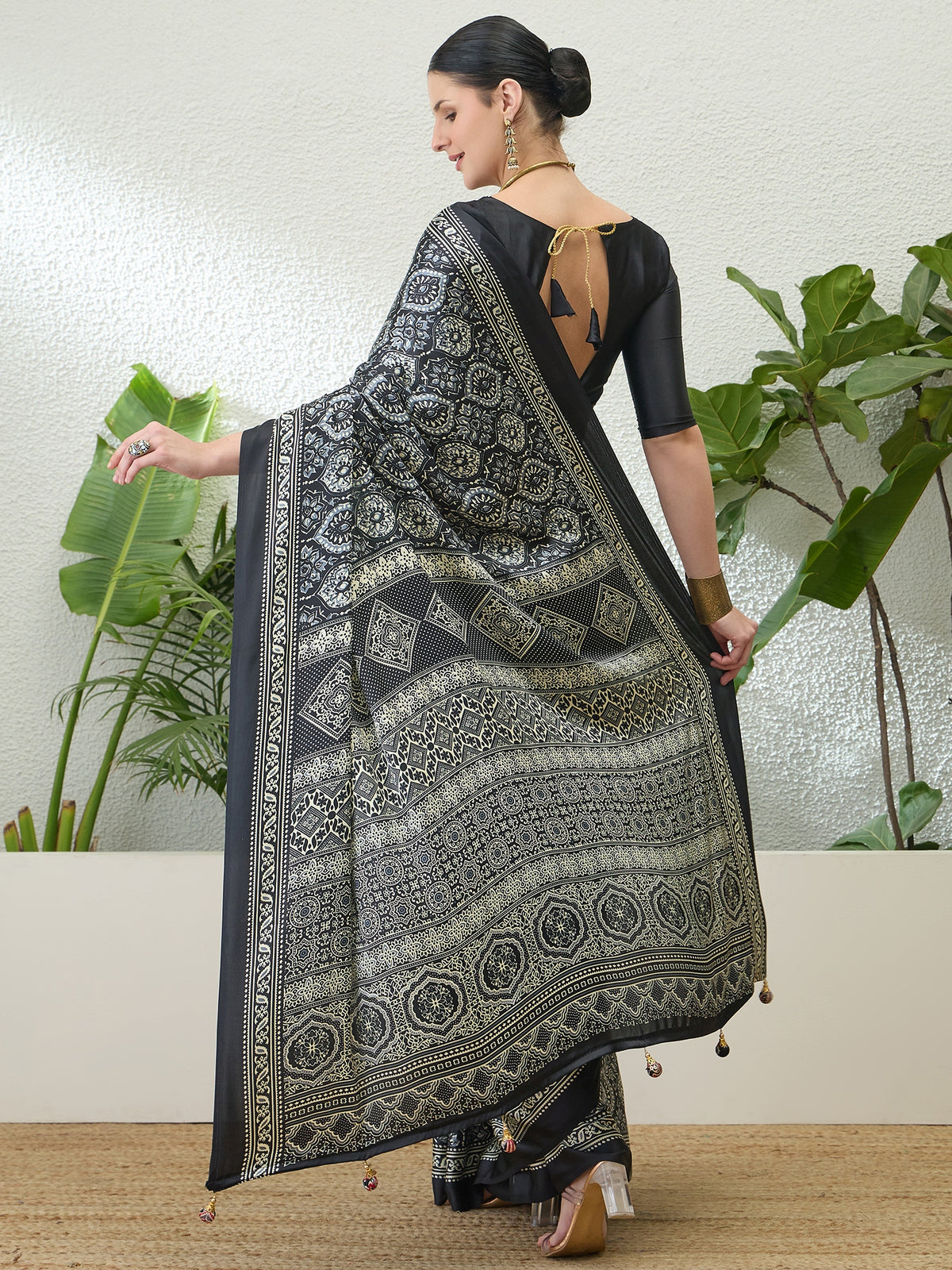Divine Function Wear Satin Silk Ajrak Print Rich Pallu Fancy Saree With Unstitched Blouse Piece