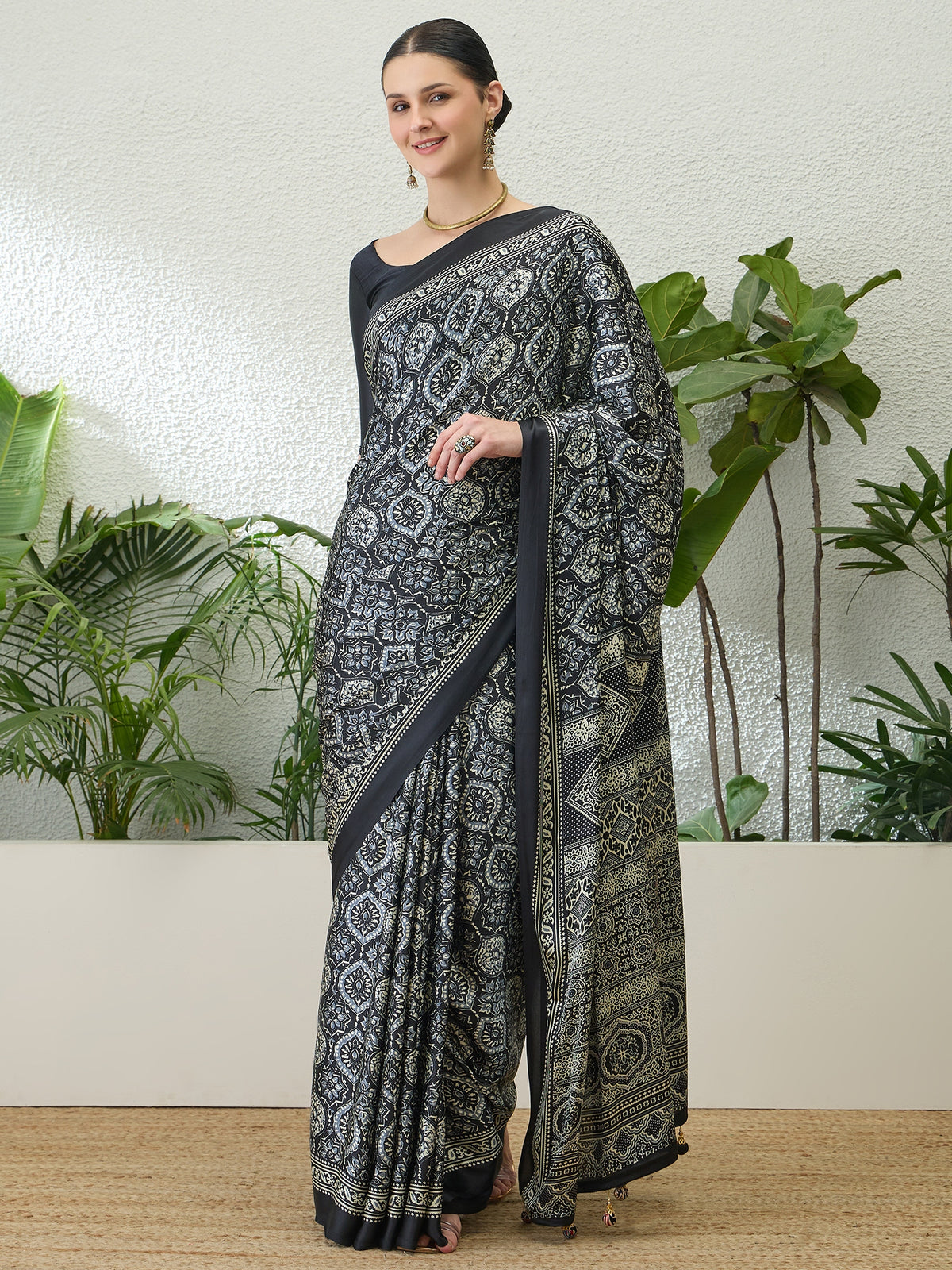 Divine Function Wear Satin Silk Ajrak Print Rich Pallu Fancy Saree With Unstitched Blouse Piece