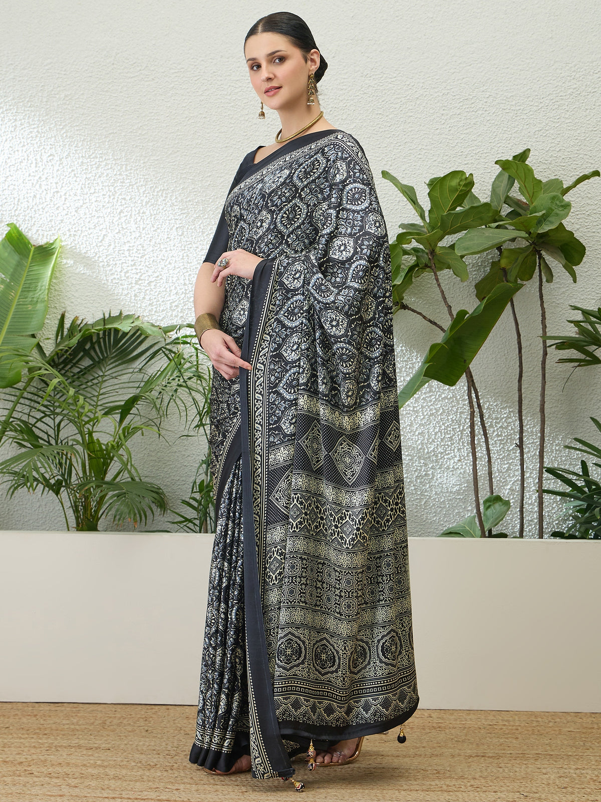 Divine Function Wear Satin Silk Ajrak Print Rich Pallu Fancy Saree With Unstitched Blouse Piece