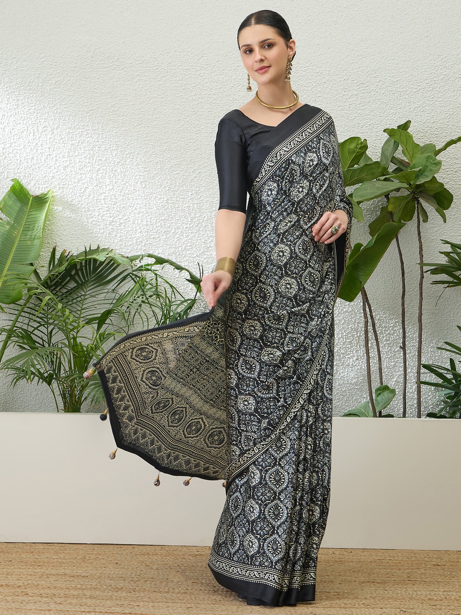 Divine Function Wear Satin Silk Ajrak Print Rich Pallu Fancy Saree With Unstitched Blouse Piece