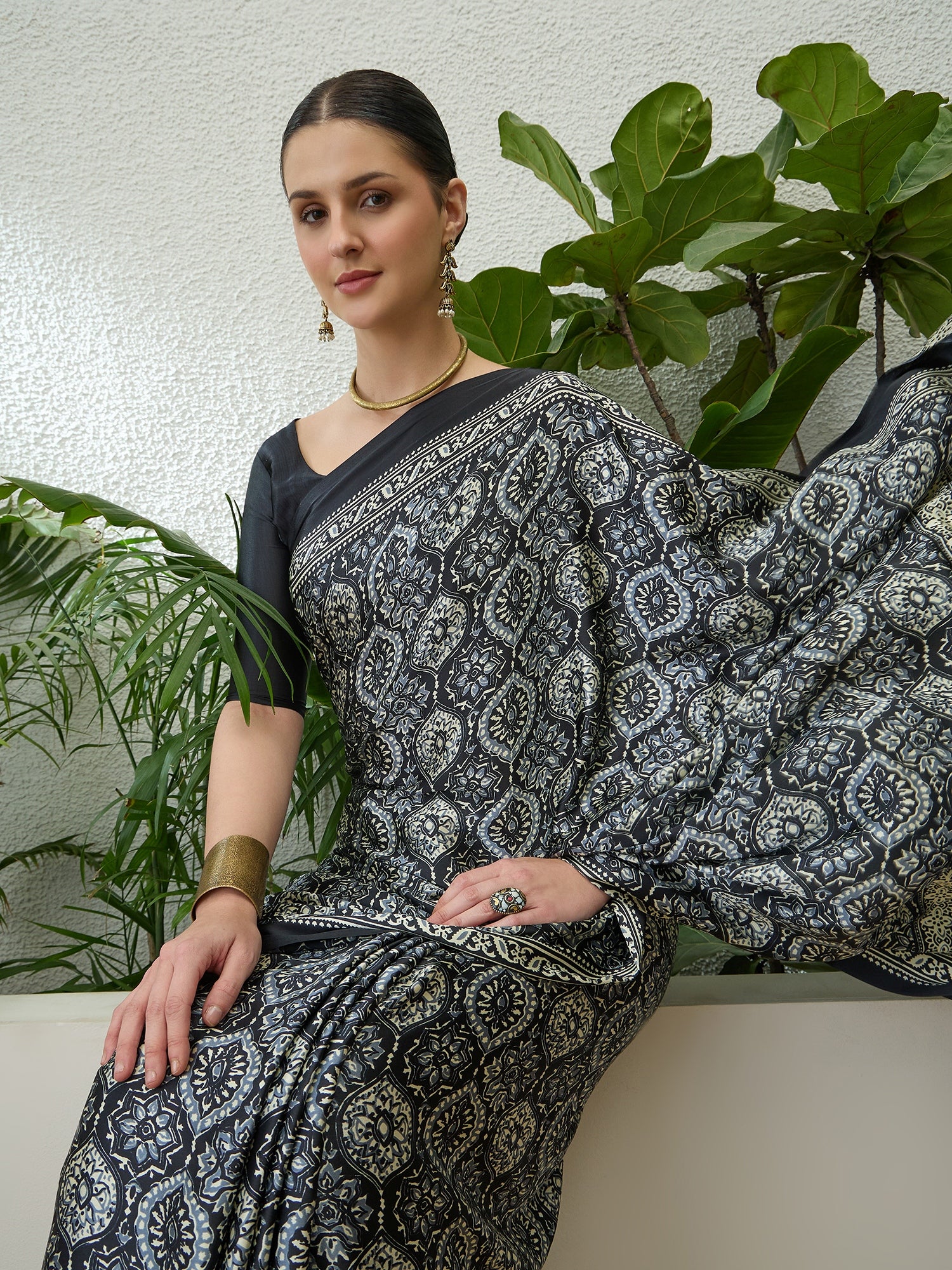 Divine Function Wear Satin Silk Ajrak Print Rich Pallu Fancy Saree With Unstitched Blouse Piece