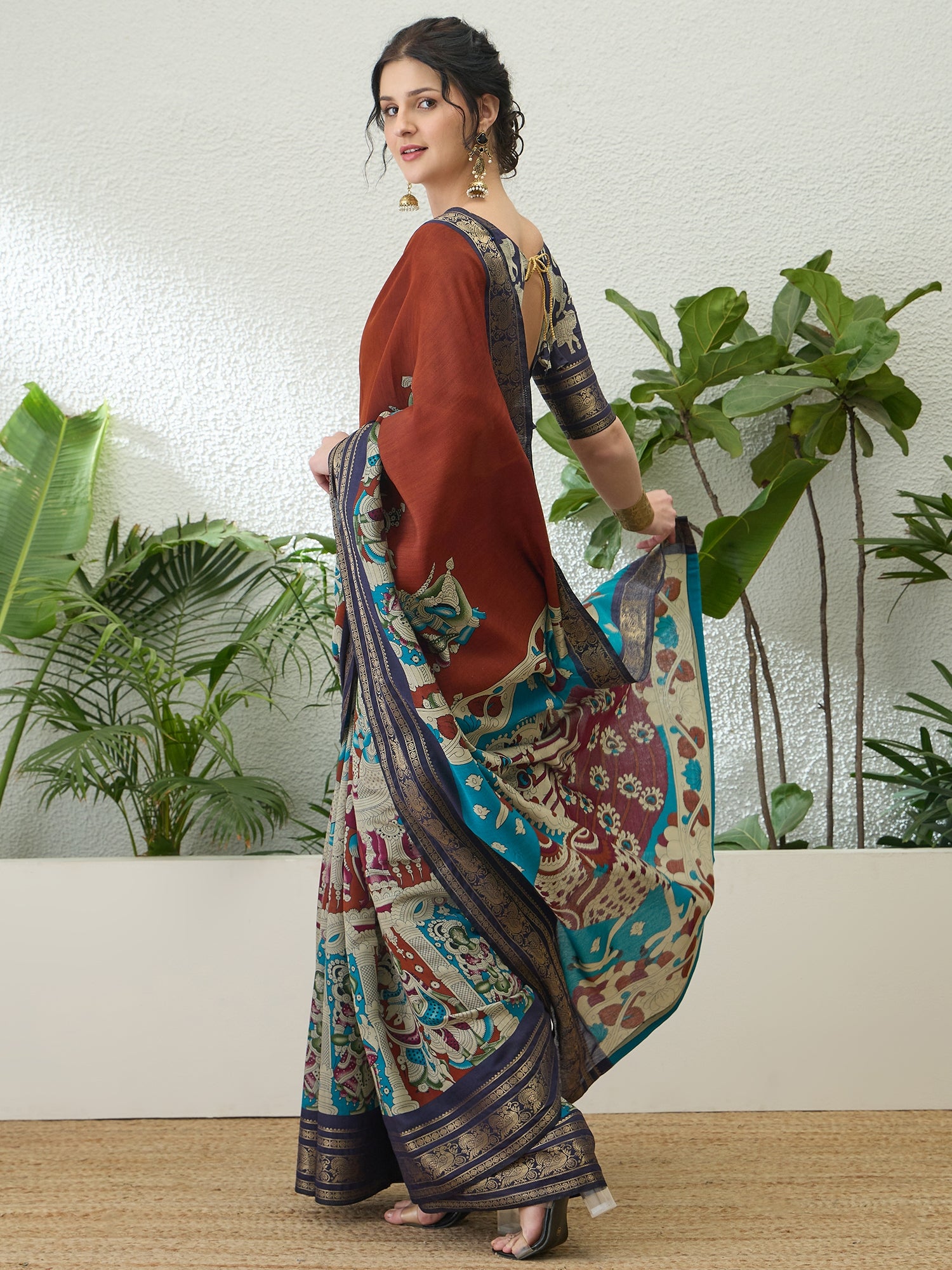 Imaginative Party Wear Cotton Silk Kalamkari Print Fancy Designer Saree With Unstitched Blouse