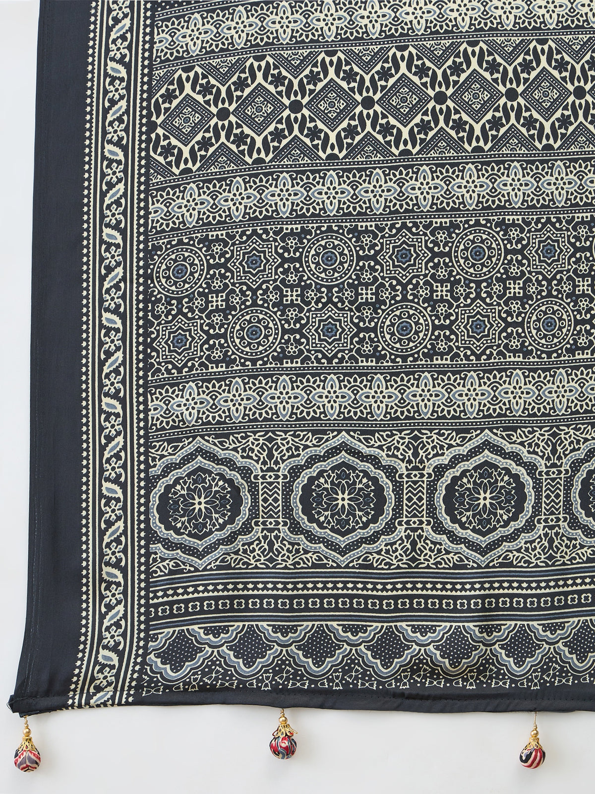 Divine Function Wear Satin Silk Ajrak Print Rich Pallu Fancy Saree With Unstitched Blouse Piece