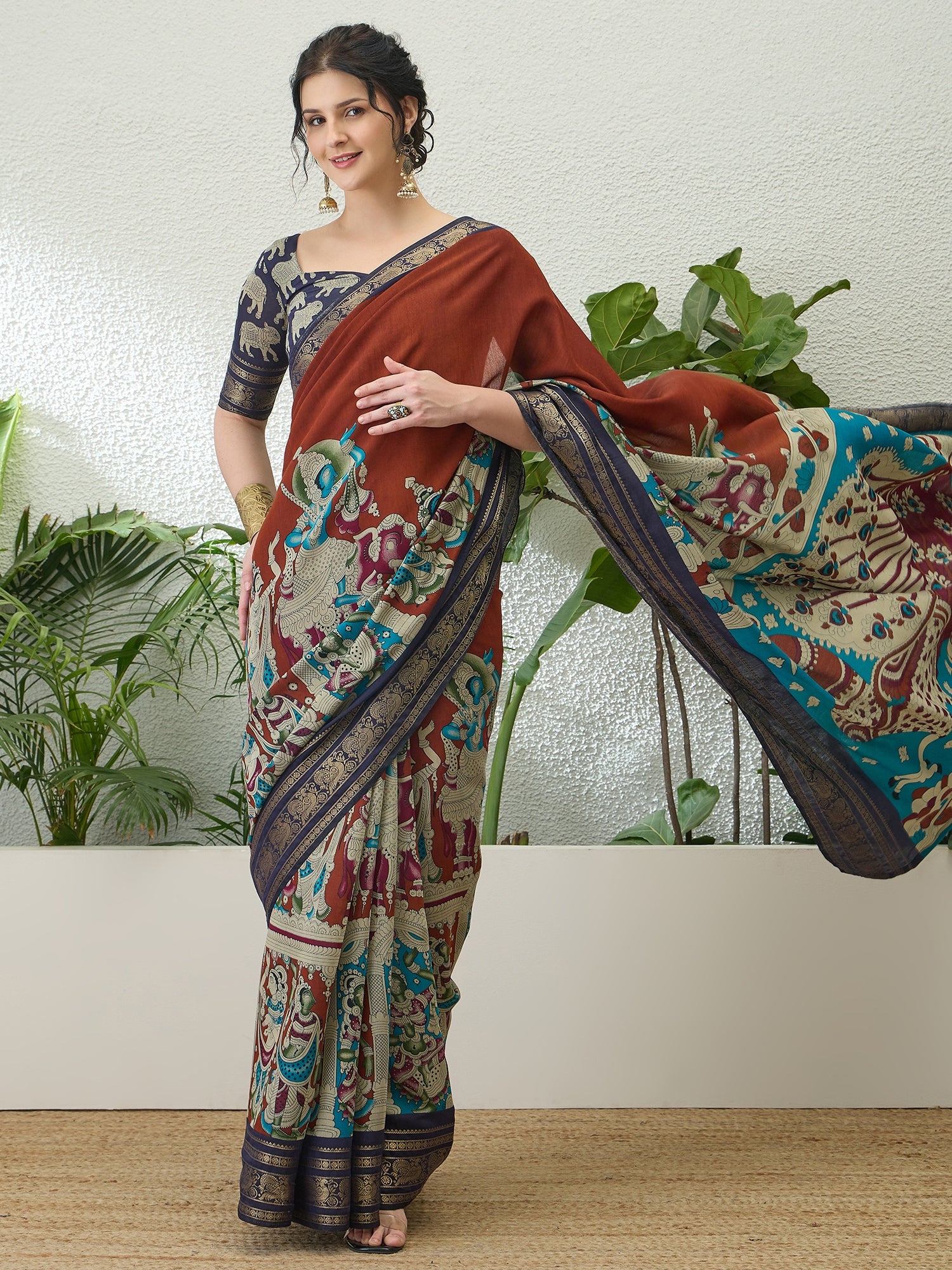 Imaginative Party Wear Cotton Silk Kalamkari Print Fancy Designer Saree With Unstitched Blouse